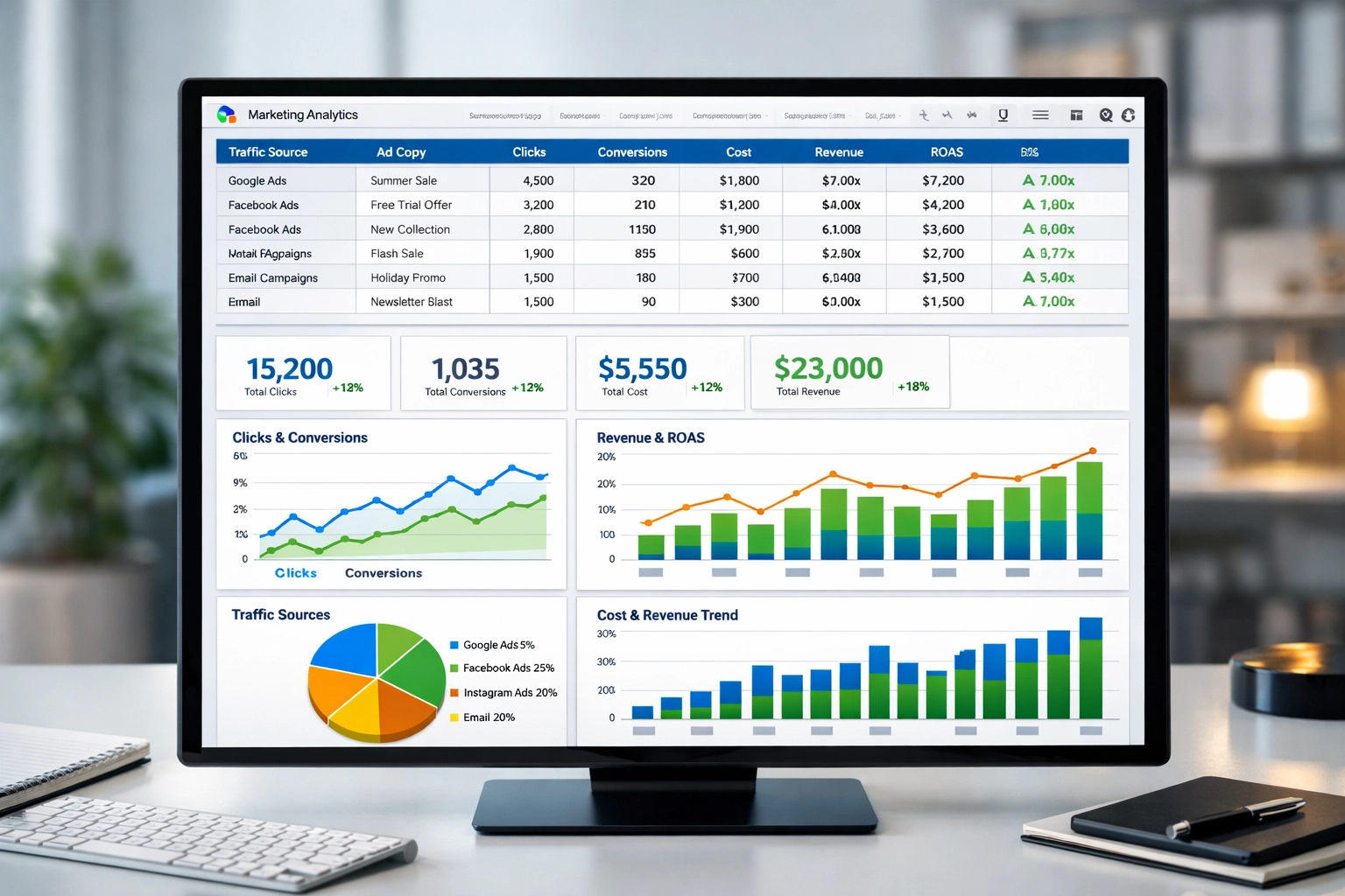 Professioneel marketing analytics dashboard met verkeersdata, statistieken en grafieken