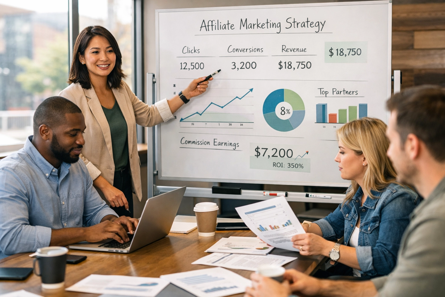 Divers team overlegt over affiliate marketing strategie in moderne vergaderruimte