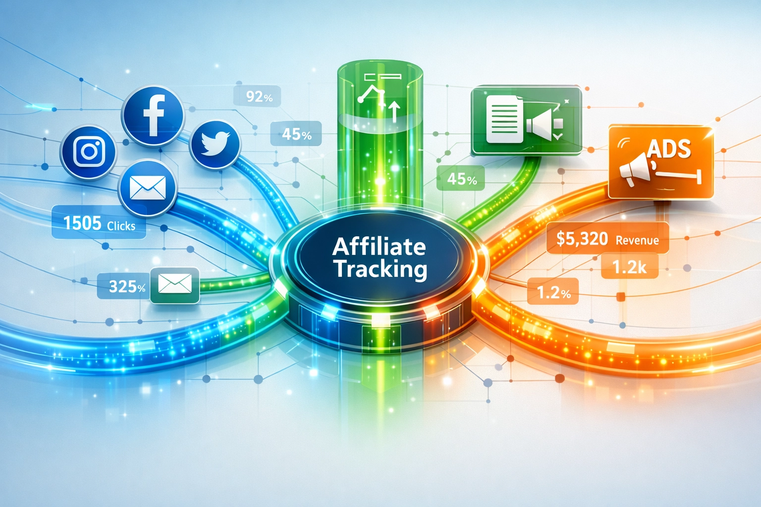 Affiliate-linktracking netwerkvisualisatie die onderling verbonden datastromen toont