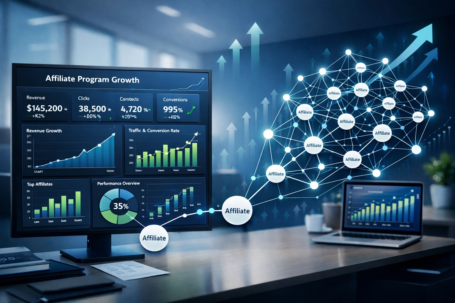 Visualisatie van bedrijfsgroei die het opschalen en uitbreiden van een affiliateprogramma laat zien met een analytics dashboard