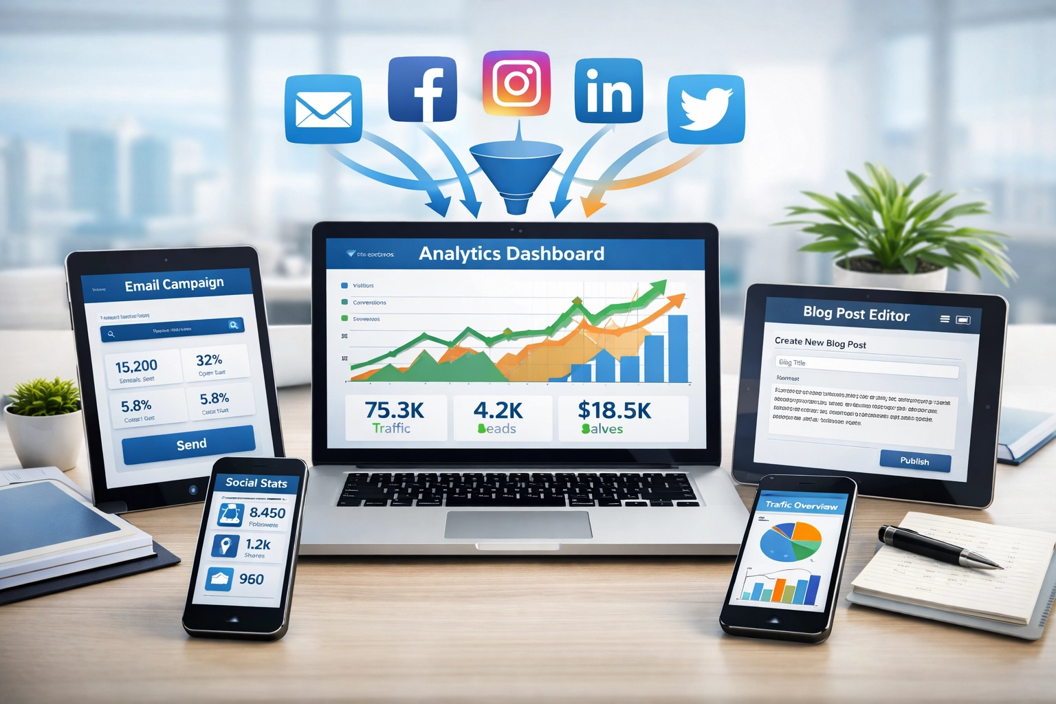 Dashboard digitale marketing toont meerdere verkeersbronnen en kanalen met analyses