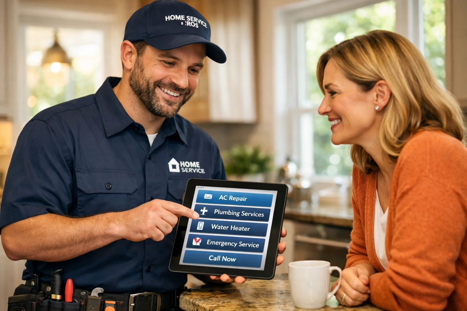 Professional thuisservice technicus in gesprek met klant, illustratie van persoonlijk contact bij pay-per-call