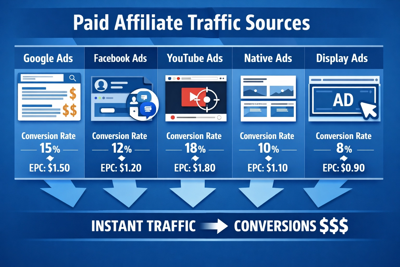 Betaalde affiliate verkeersbronnen: Google Ads, Facebook, YouTube, native ads en display