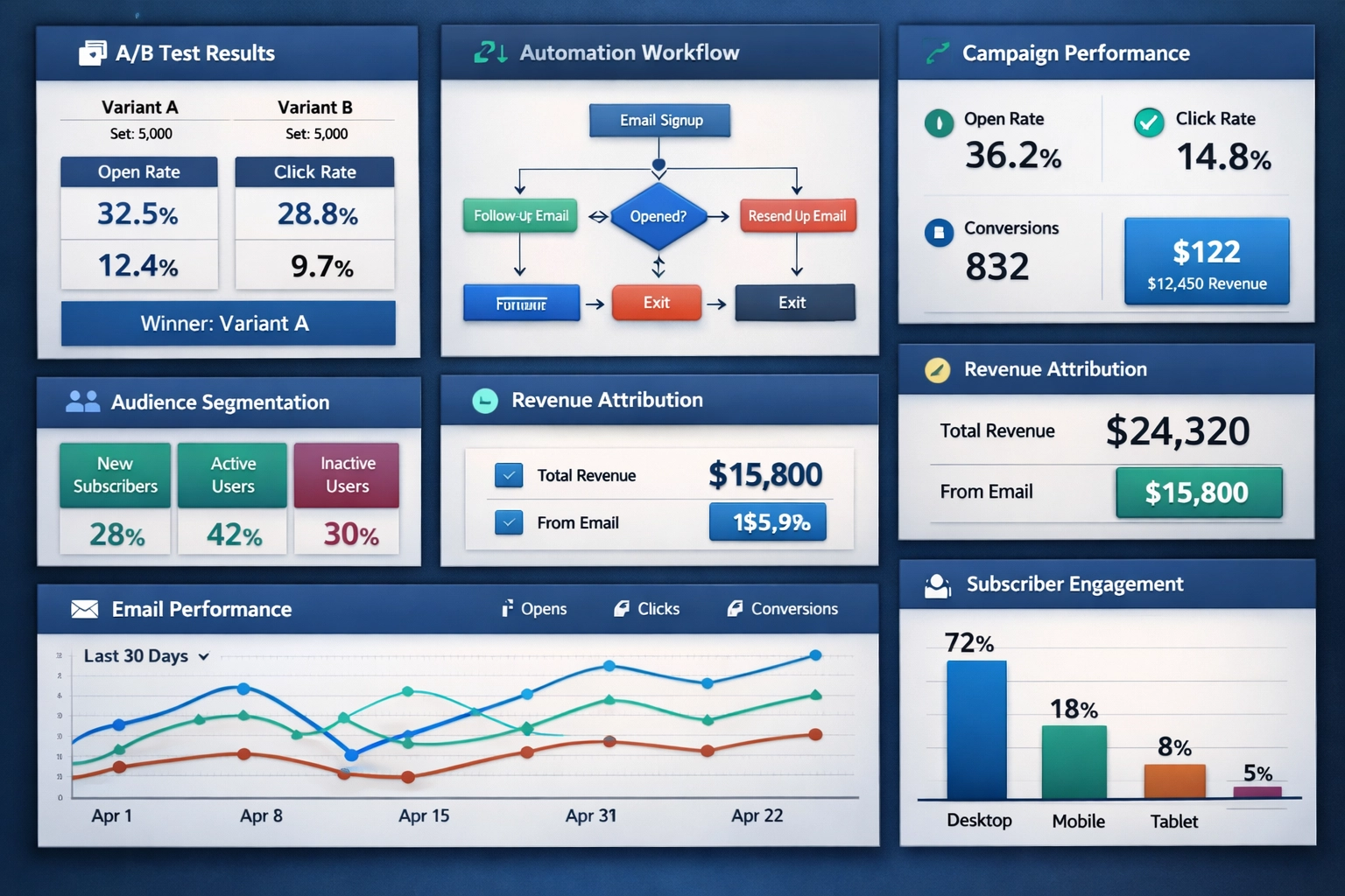 E-mailmarketingdashboard met analyses, A/B-testresultaten, automatiseringsworkflows en prestatiecijfers