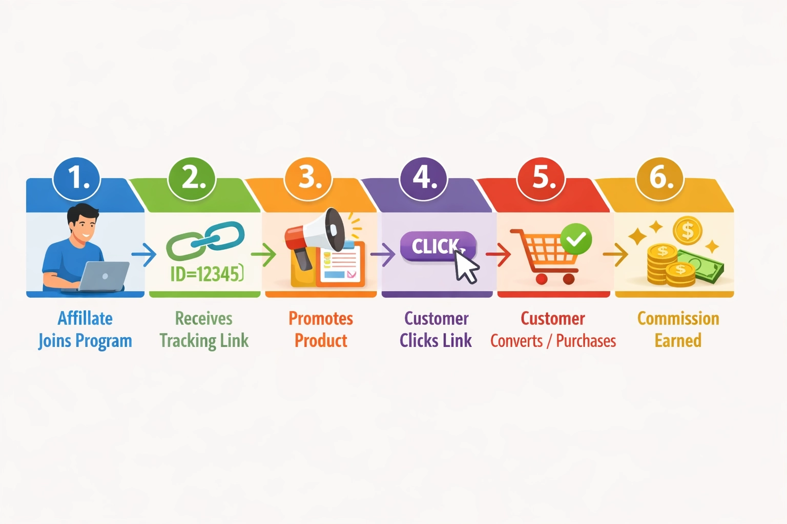 Zes-stappen proces toont hoe affiliate marketing werkt van aanmelden tot commissie verdienen