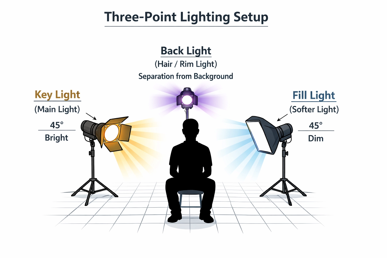 Diagram van driepunts belichtingssetup voor video, met key light, fill light en back light posities