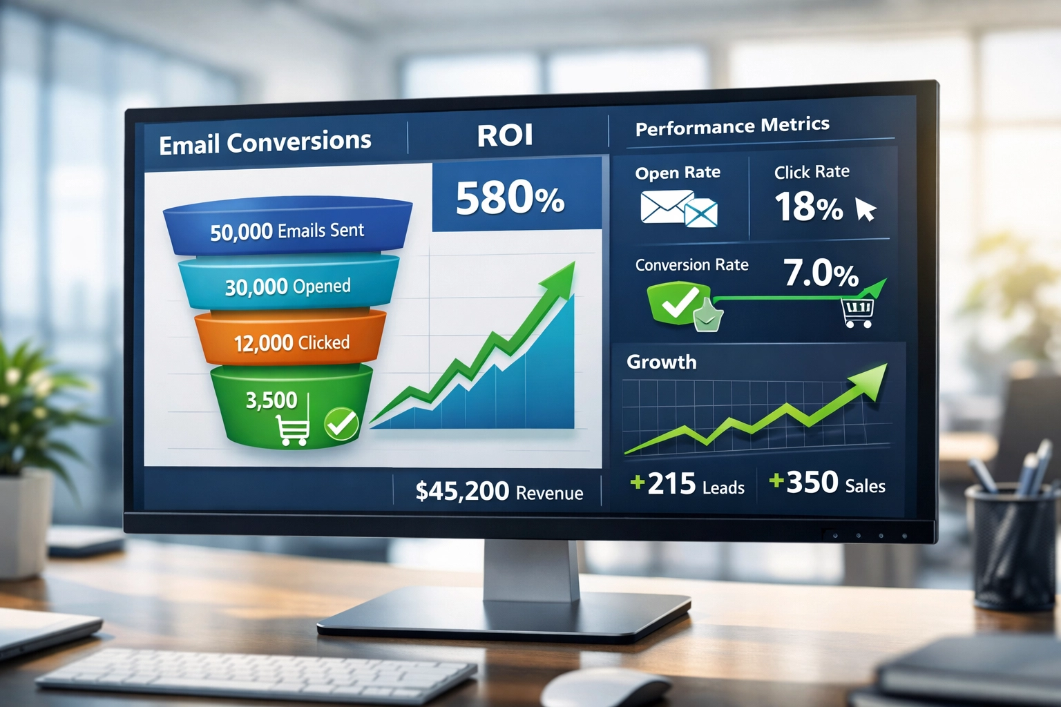 Modern analytics dashboard met e-mailmarketingprestaties, conversiefunnels, trendgrafieken en ROI-indicatoren