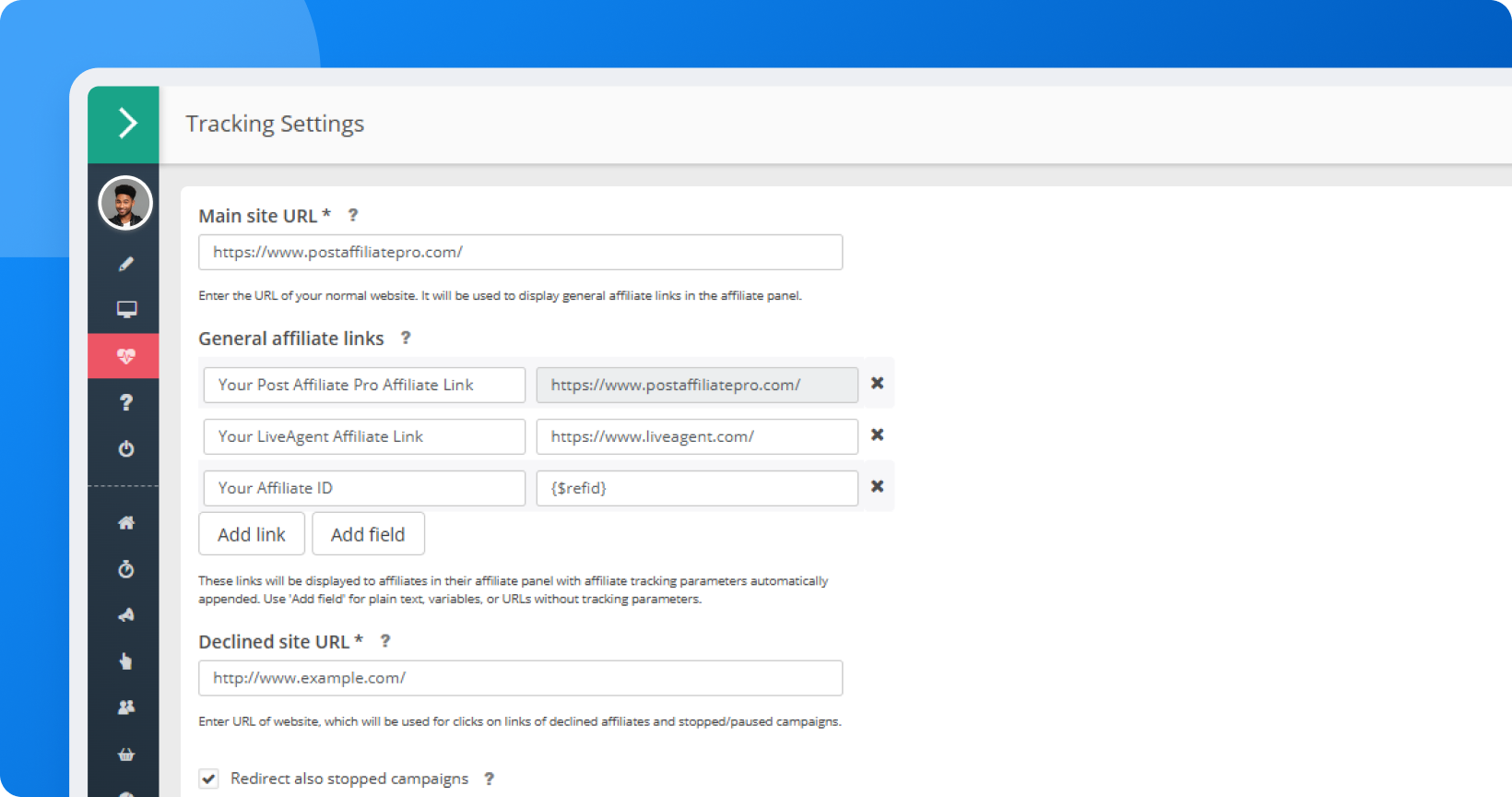 Post Affiliate Pro Configuration scherm met meerdere algemene affiliate links voor verschillende winkels en domeinen
