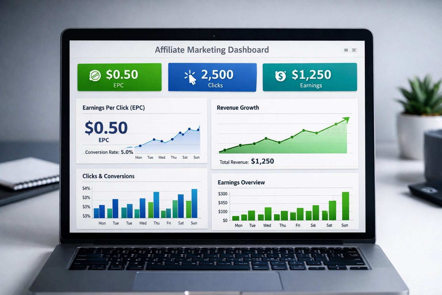 Affiliate marketing EPC-dashboard dat verdiensten per klik en analytics toont