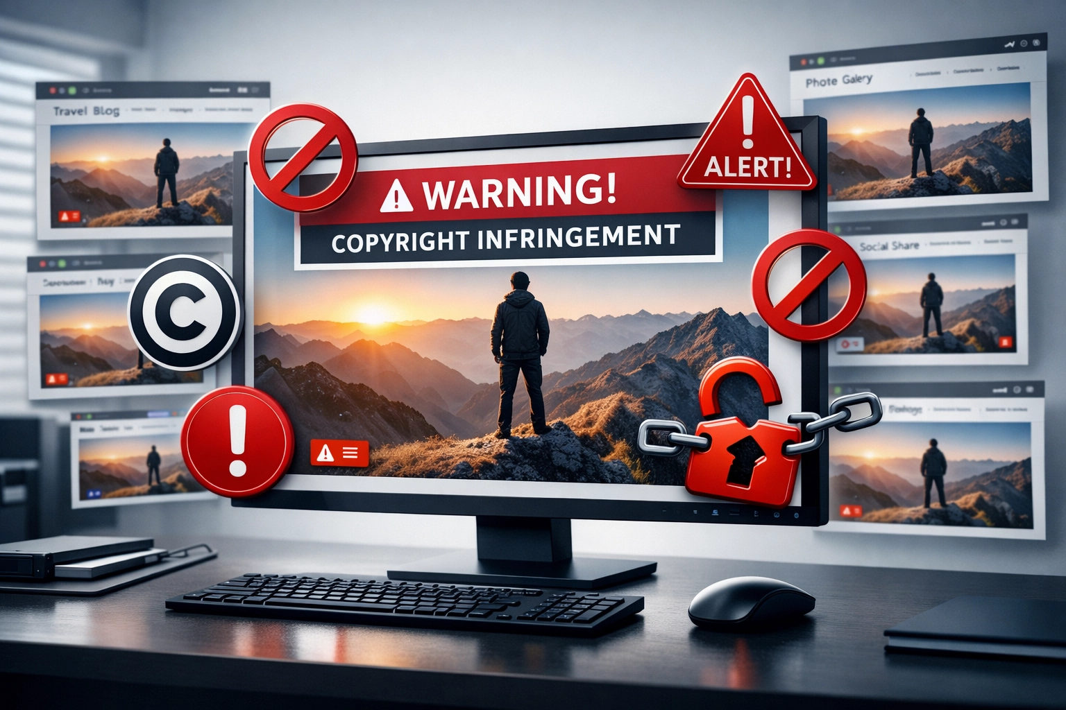 Image theft and copyright infringement concept with warning symbols and lock icons