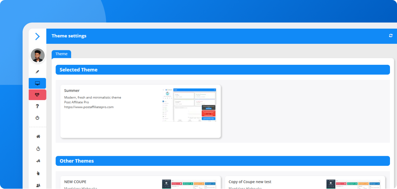 Preview van het Post Affiliate Pro zomerthema toegepast op merchant- en affiliatepanels, met een modern blauw ontwerp en vernieuwde UI-elementen