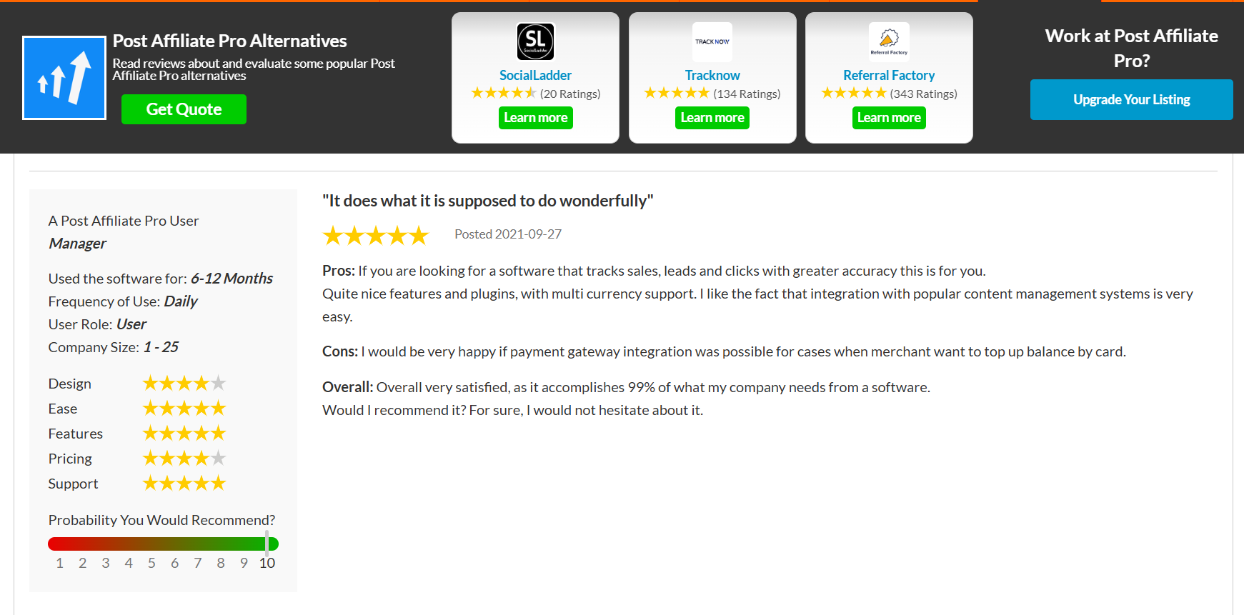 Post Affiliate Pro erkend als Category Leader door SourceForge