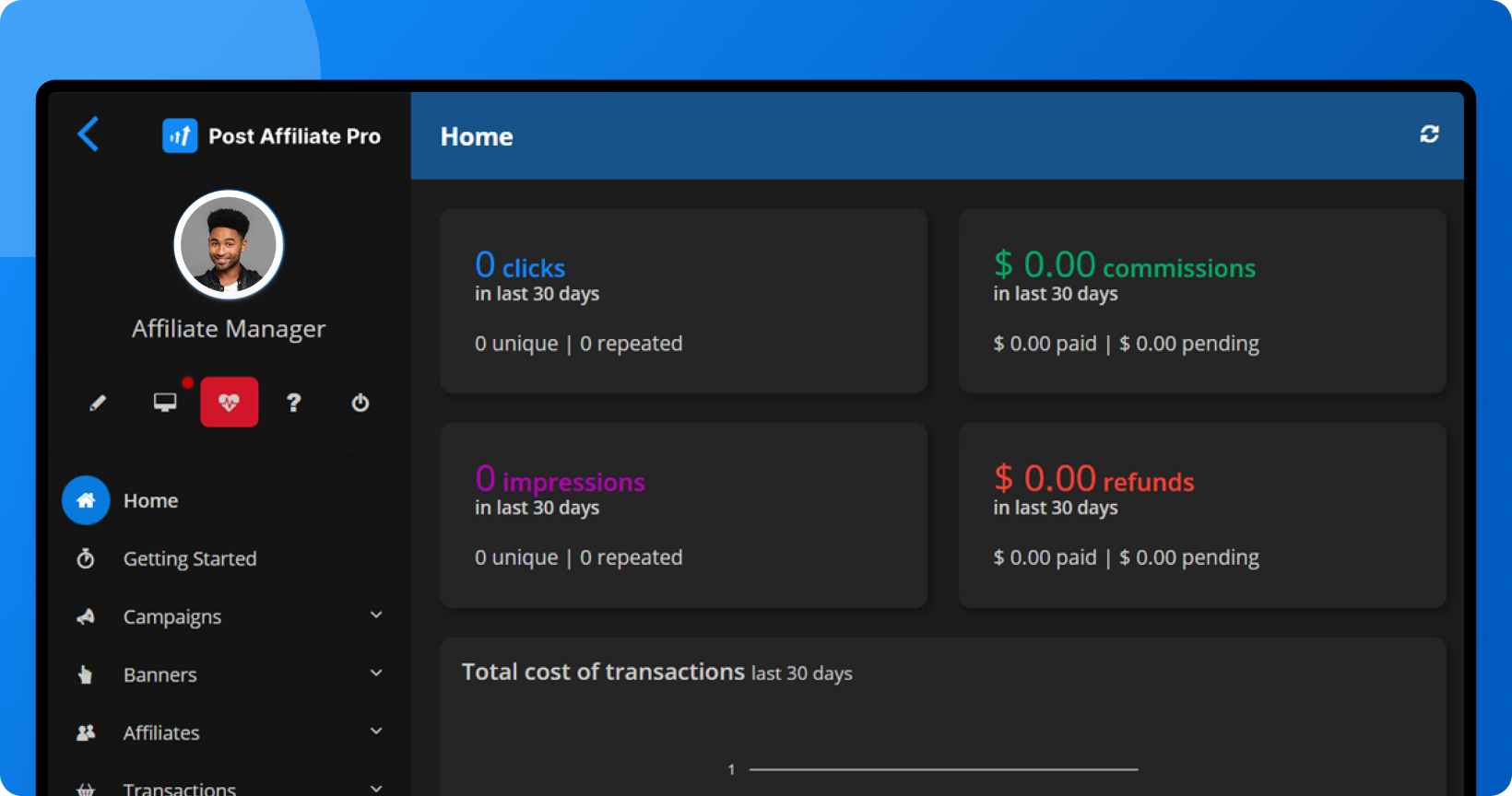 Voorbeeld van het Post Affiliate Pro Summer Theme in Dark Mode toegepast op merchant en affiliate panels