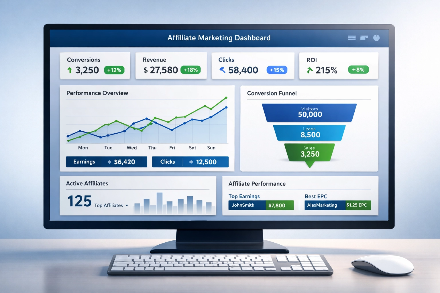 Affiliate marketing dashboard met realtime prestatiestatistieken en KPI-tracking