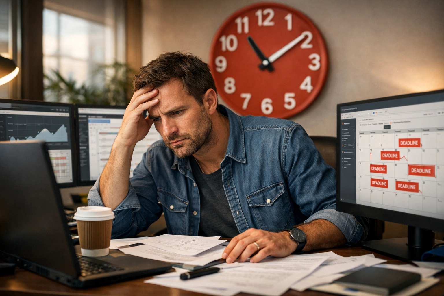 Affiliate marketeer overweldigd door contentproductietaken aan bureau met meerdere monitors