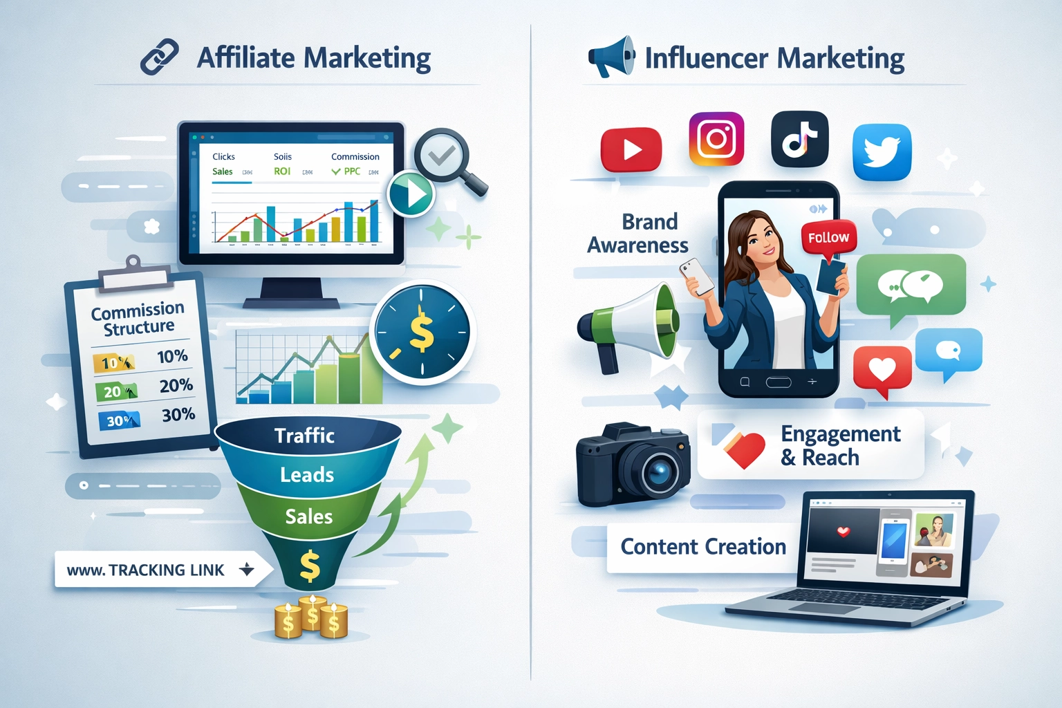 Affiliate marketing vs influencer marketing vergelijking die twee verschillende marketingpaden toont