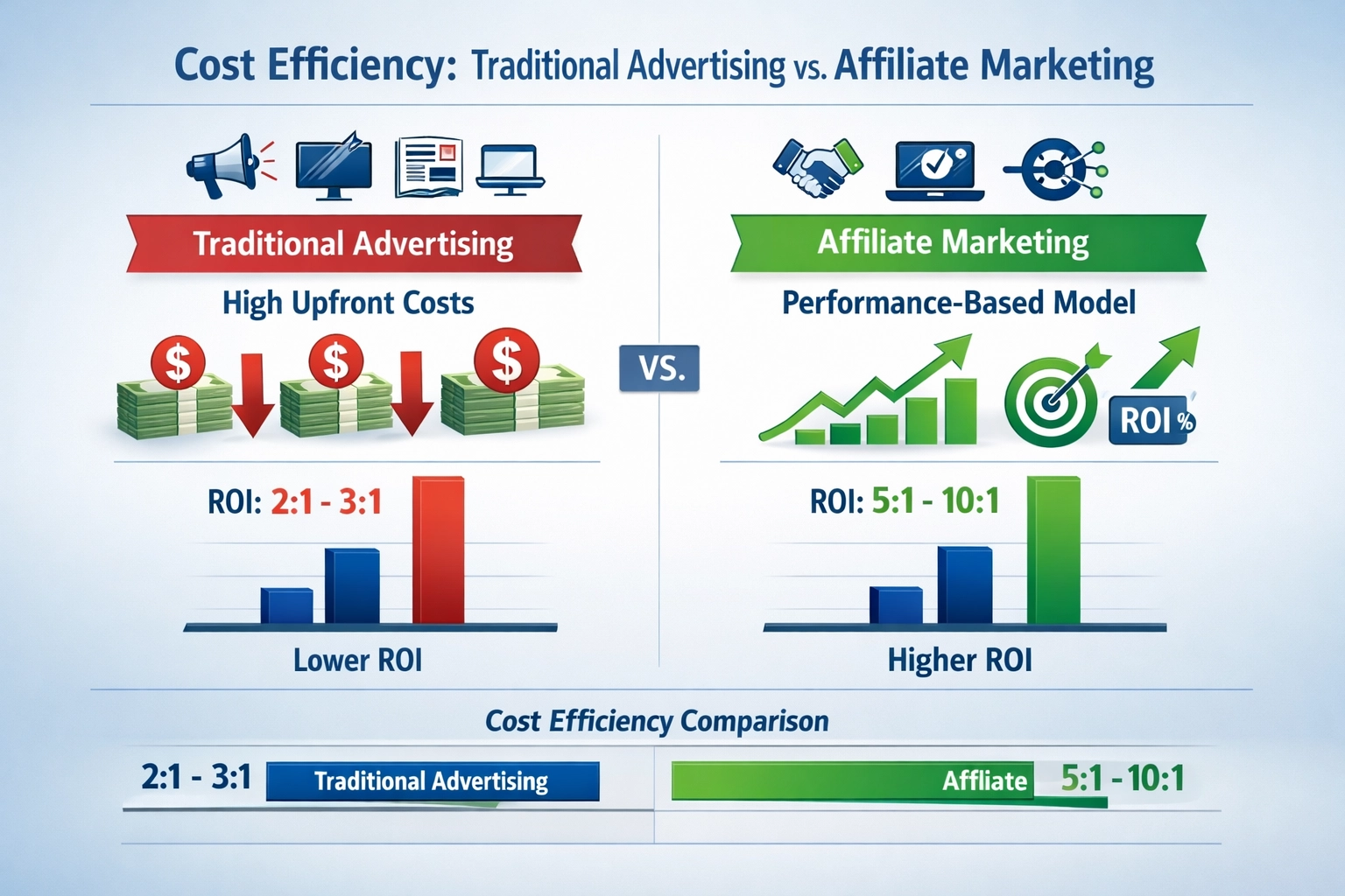 Kostenvergelijking tussen traditionele reclame en affiliate marketing met ROI-metrics