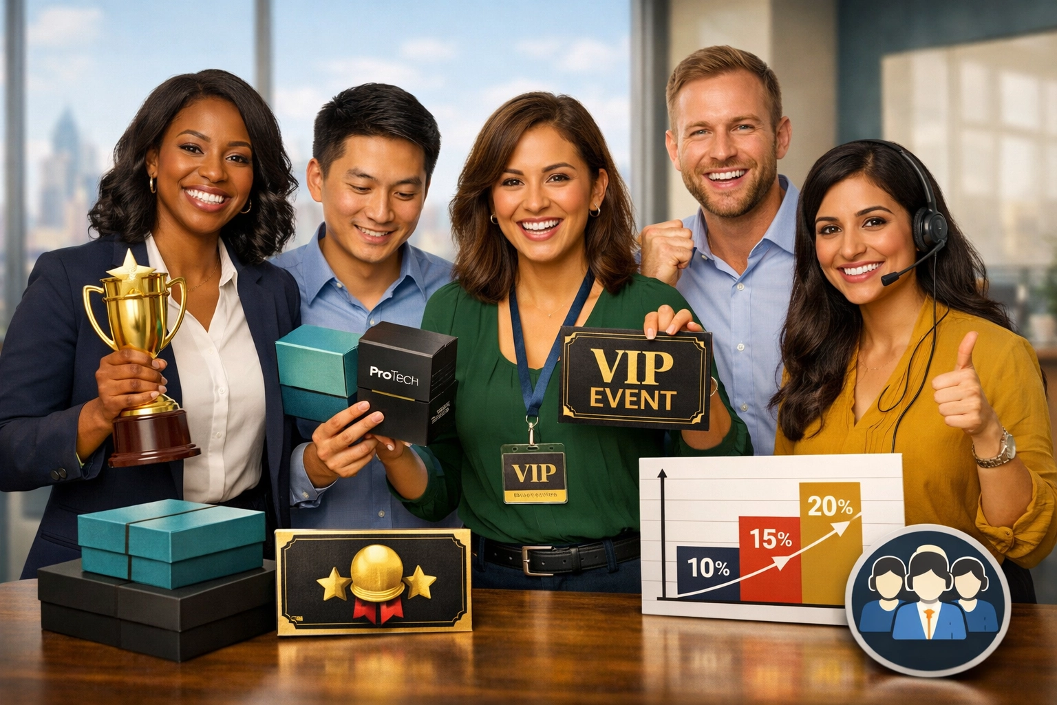 Diverse affiliate team viert succes met erkenningsbadges, exclusieve producten, VIP-evenementen en supportelementen