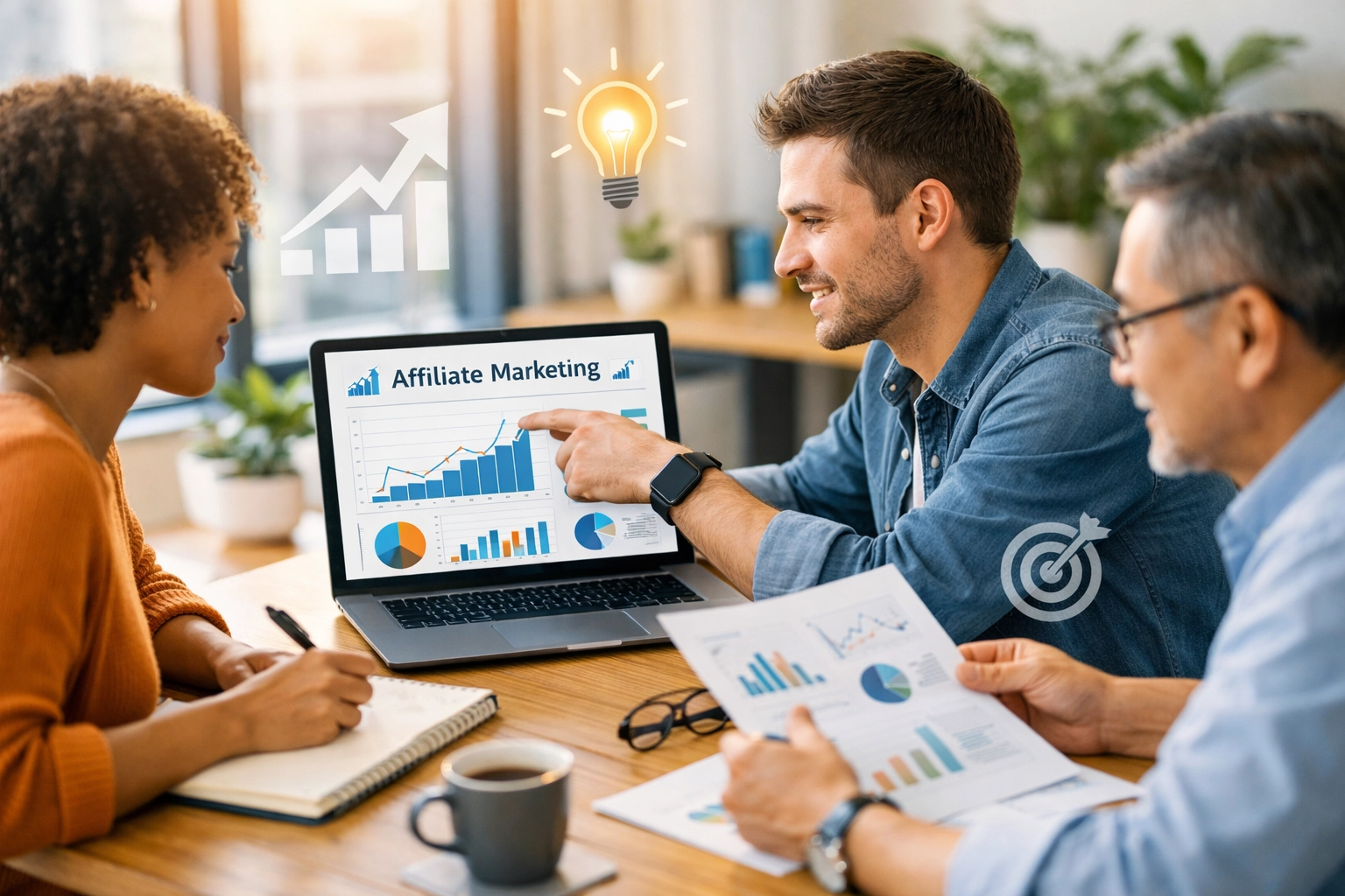 Diverse team leert samen affiliate marketing in een modern kantoor