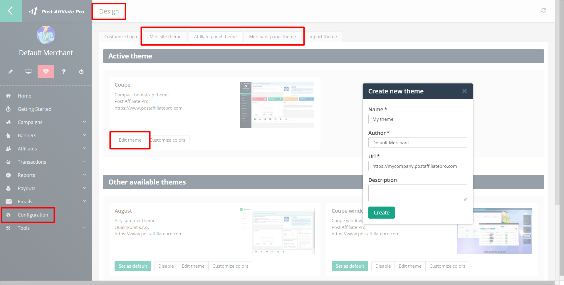 Post Affiliate Pro Design paneel met Mini-site thema, Affiliate panel thema en Merchant panel thema tabbladen, met het dialoogvenster voor het maken van een nieuw thema geopend