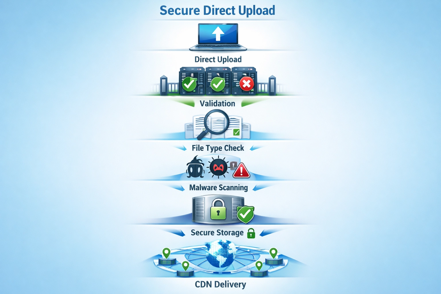 Secure direct upload security flow showing validation, scanning, and CDN delivery process