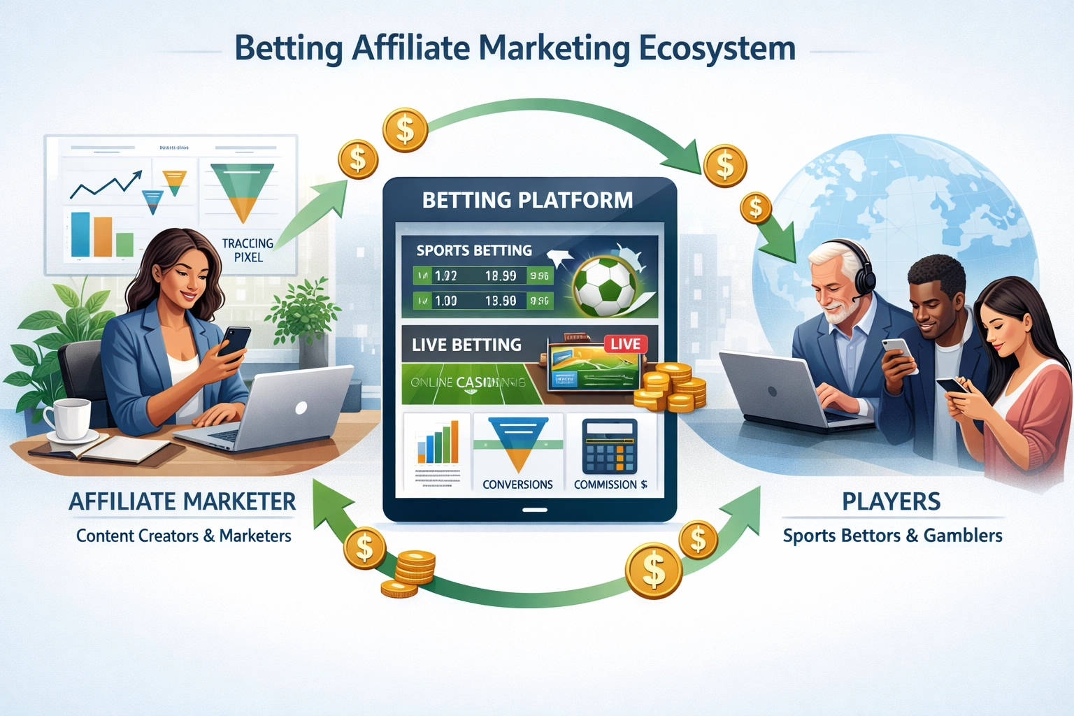 Betting affiliate marketing ecosystem showing affiliates, operators, and players