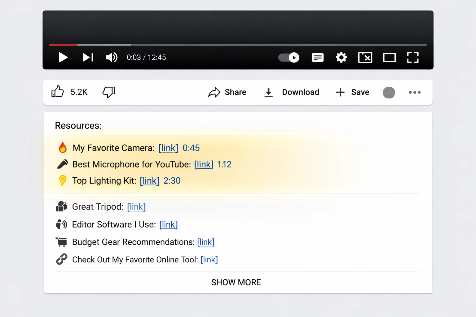 YouTube-video beschrijvingsinterface met opties voor affiliate linkplaatsing