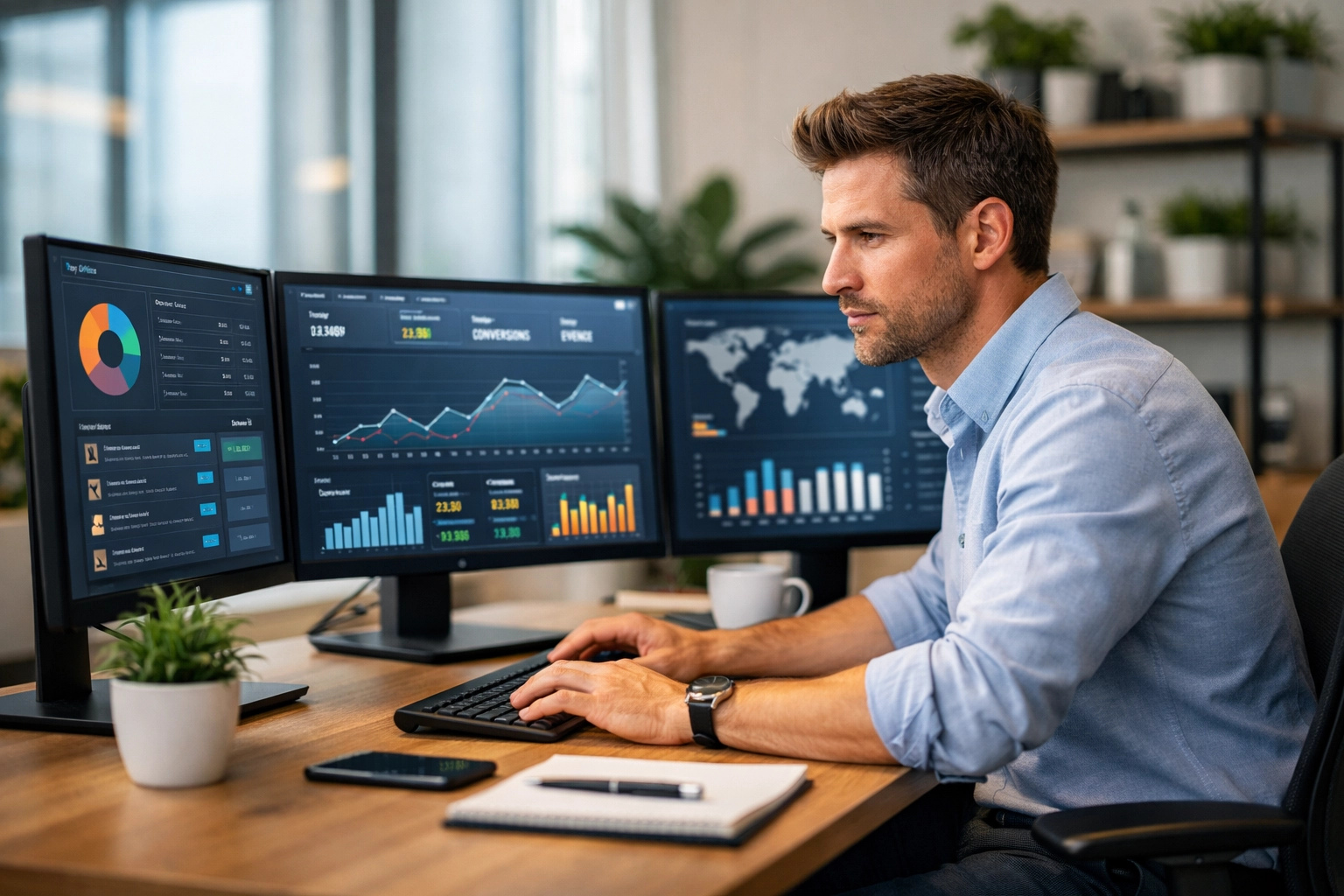 Professionele affiliate manager aan modern bureau met analysetools