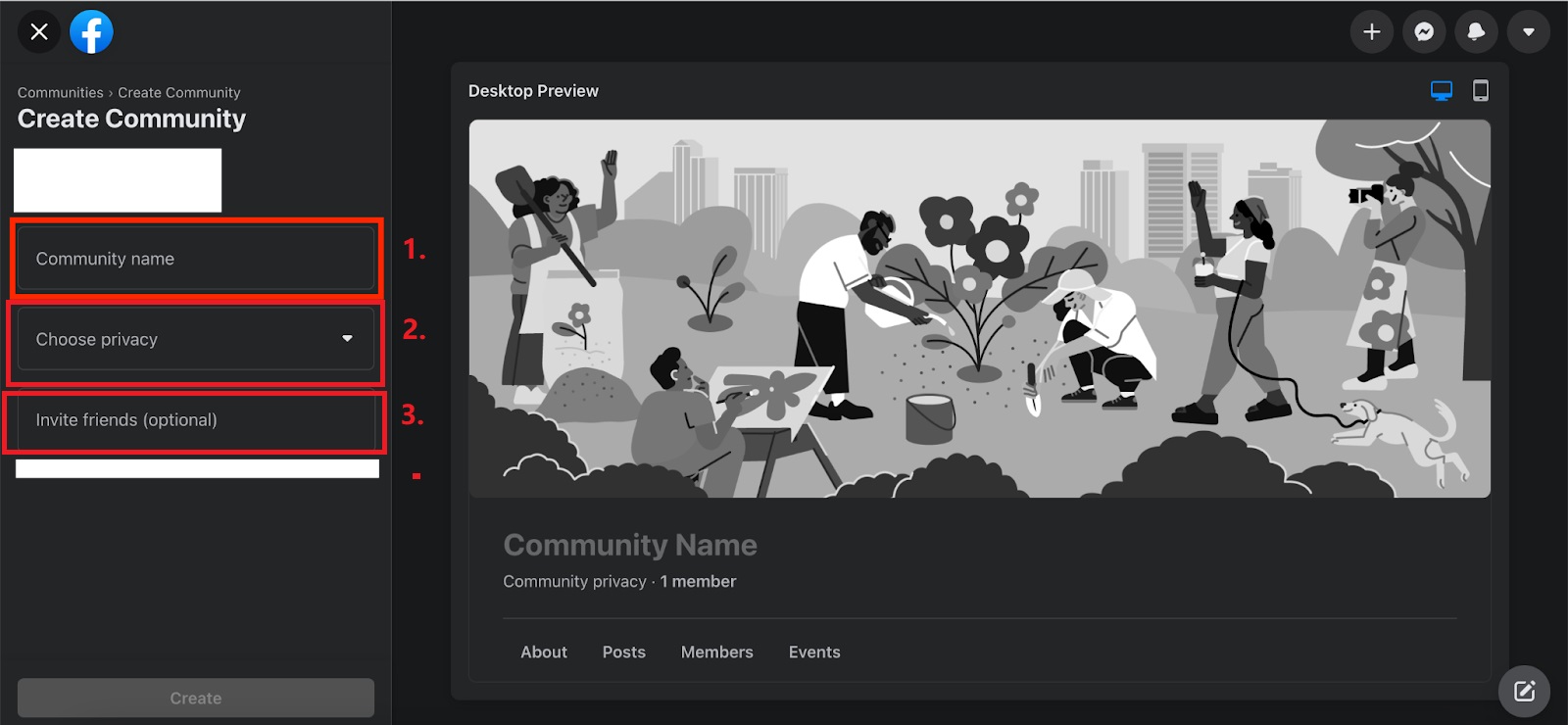 Steps to create a new Facebook group