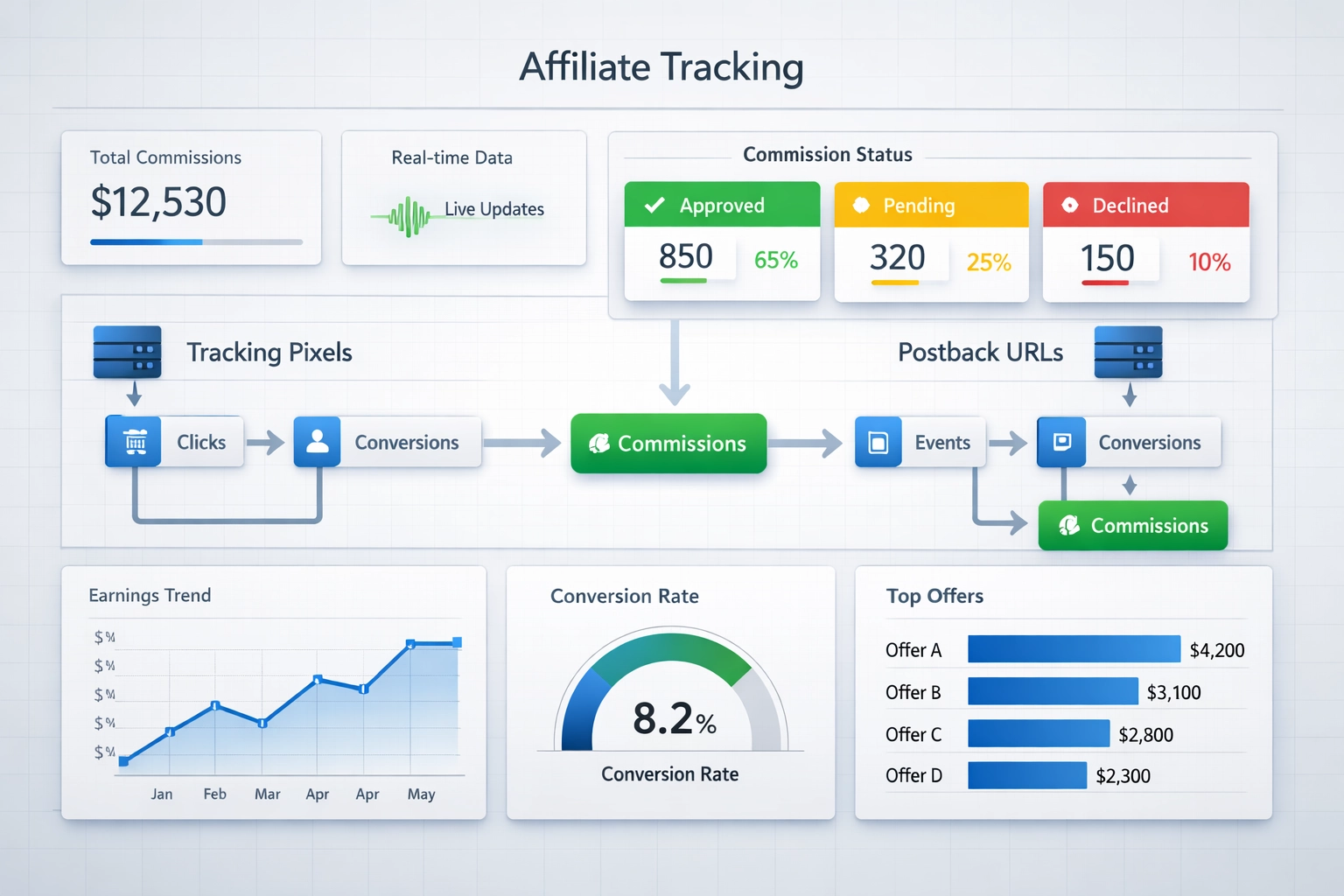 Affiliate tracking dashboard met statusindicatoren voor commissies en realtime data