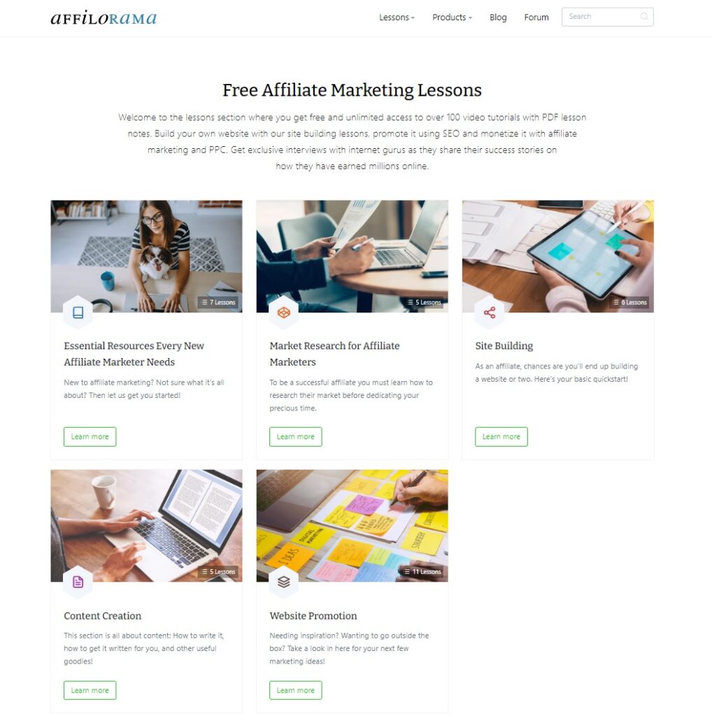 Affilorama's gratis affiliate marketing lessen