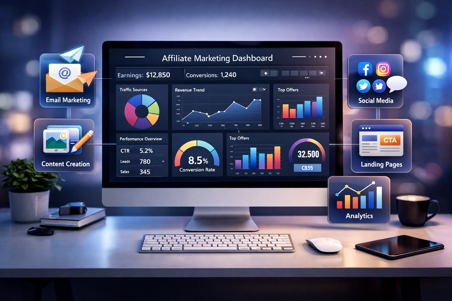 Modern digitaal marketingdashboard toont affiliate marketing workflow met meerdere geïntegreerde gespecialiseerde tools