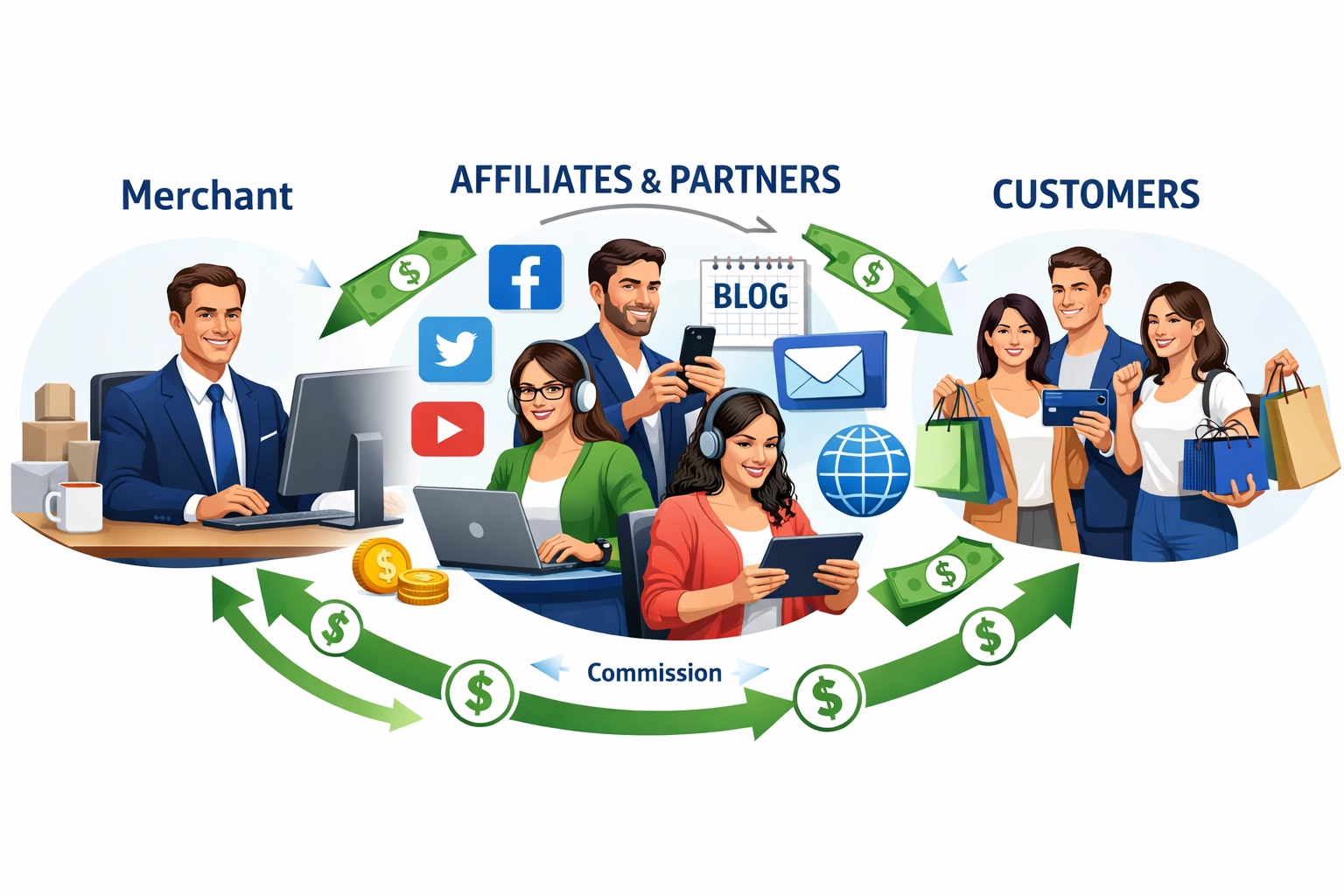 Affiliate marketing ecosysteem toont ondernemer, affiliates en klanten met commissieflow