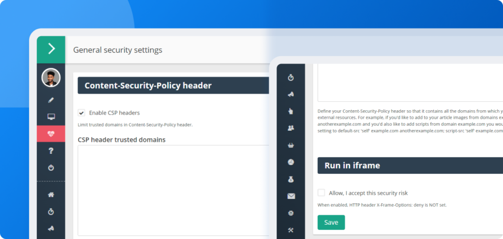 Configuratiescherm waarin getoond wordt hoe je CSP-headers inschakelt en vertrouwde domeinen instelt in Post Affiliate Pro