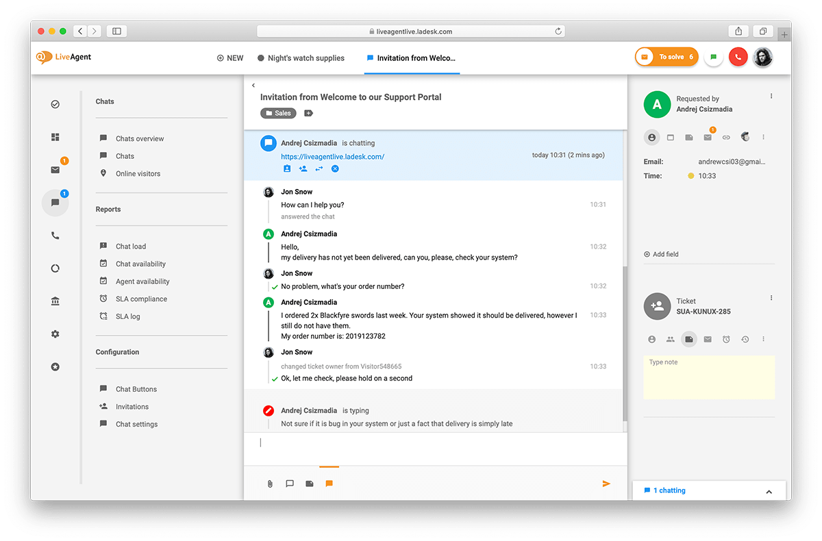 LiveAgent ticket chat overview