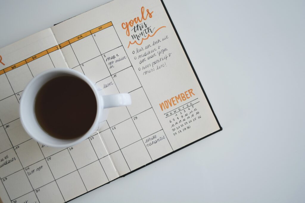 Diary planner with coffee
