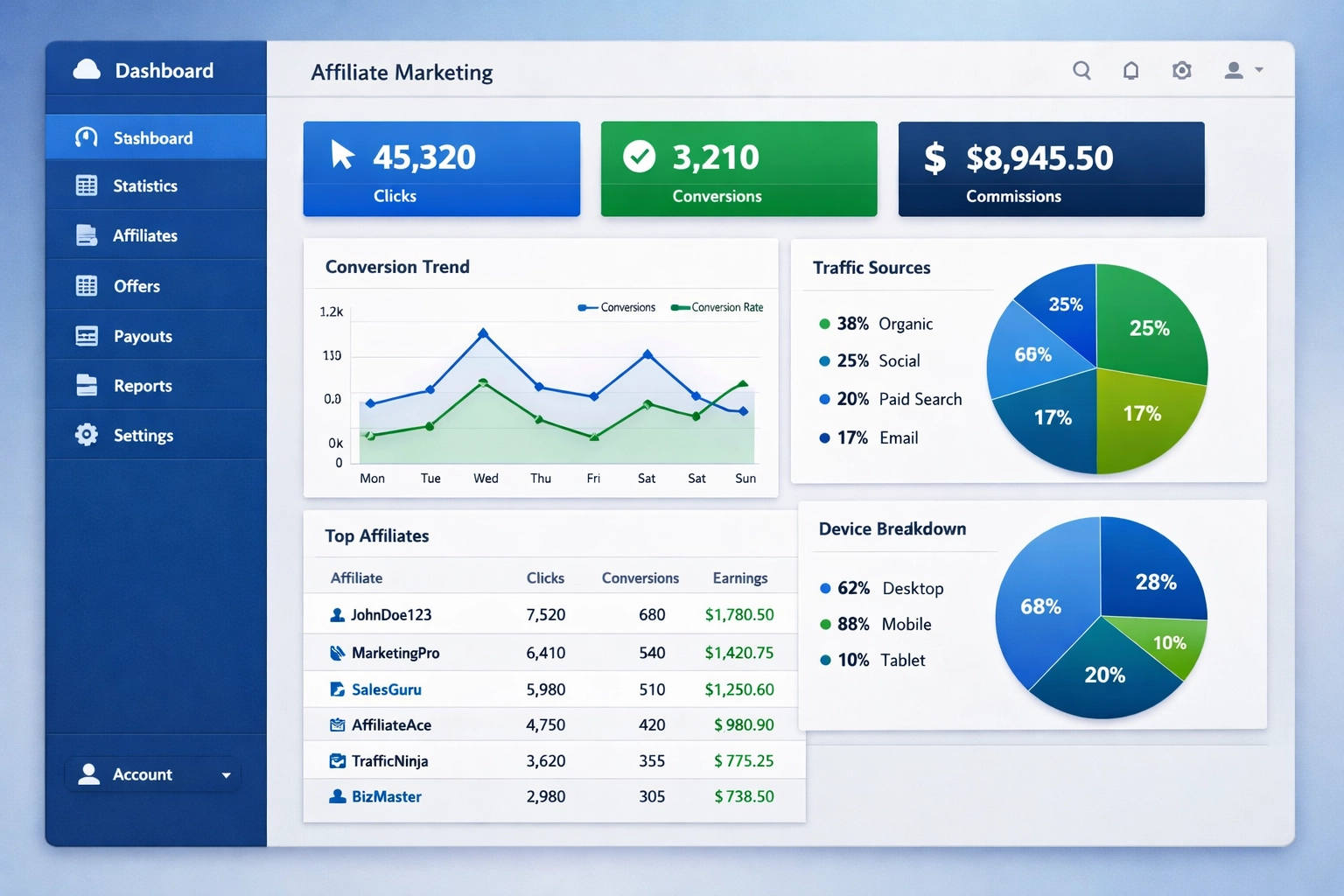 Affiliate marketing software dashboard met realtime prestatiegegevens en analyses