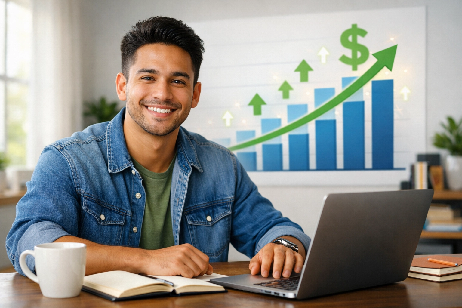 Beginner affiliate marketeer inkomsten groei traject met stijgende grafiek