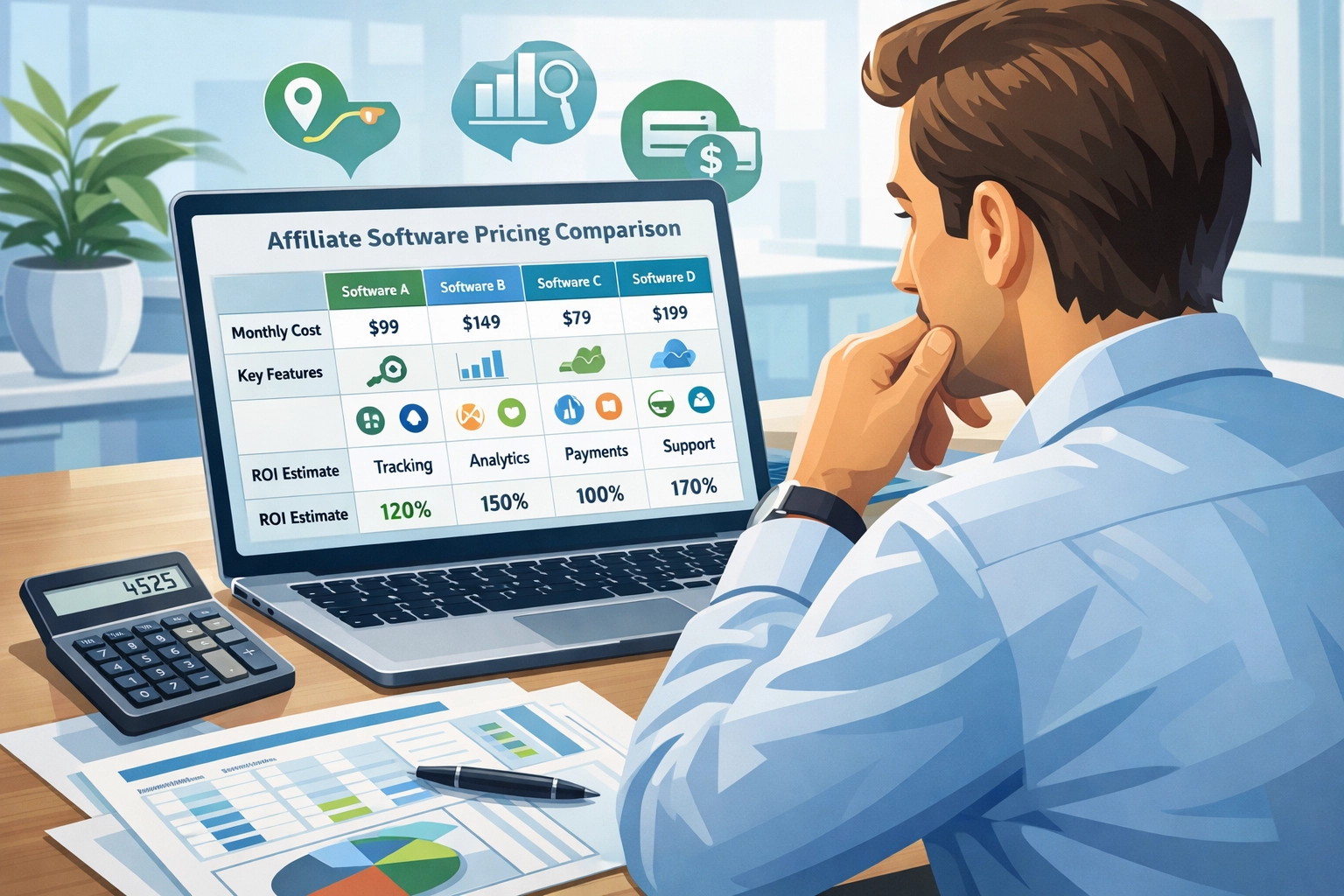 Zakelijke professional analyseert affiliate software prijsvergelijking op computerscherm