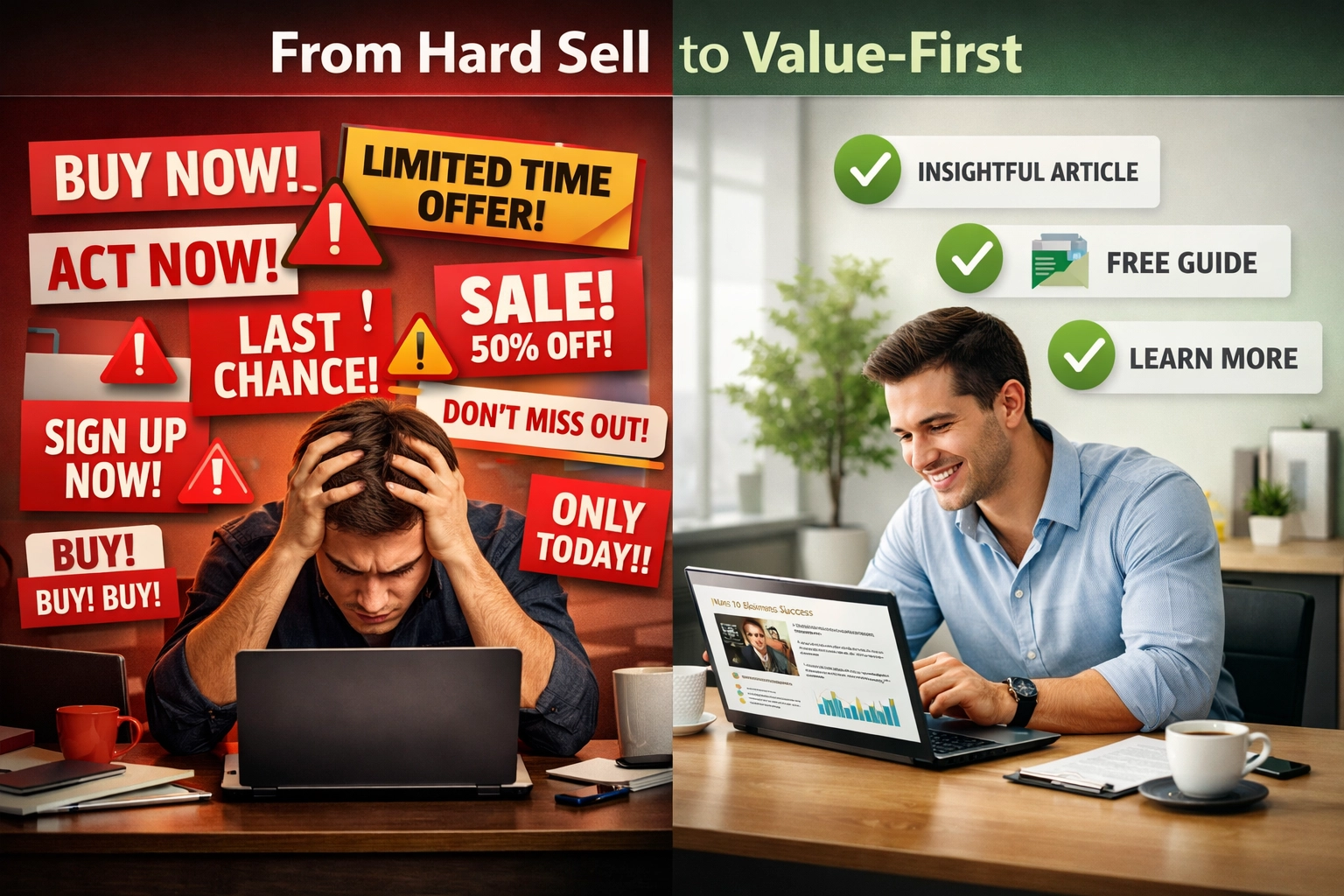 Contrast tussen agressieve verkooptactieken en waarde-gedreven contentmarketing