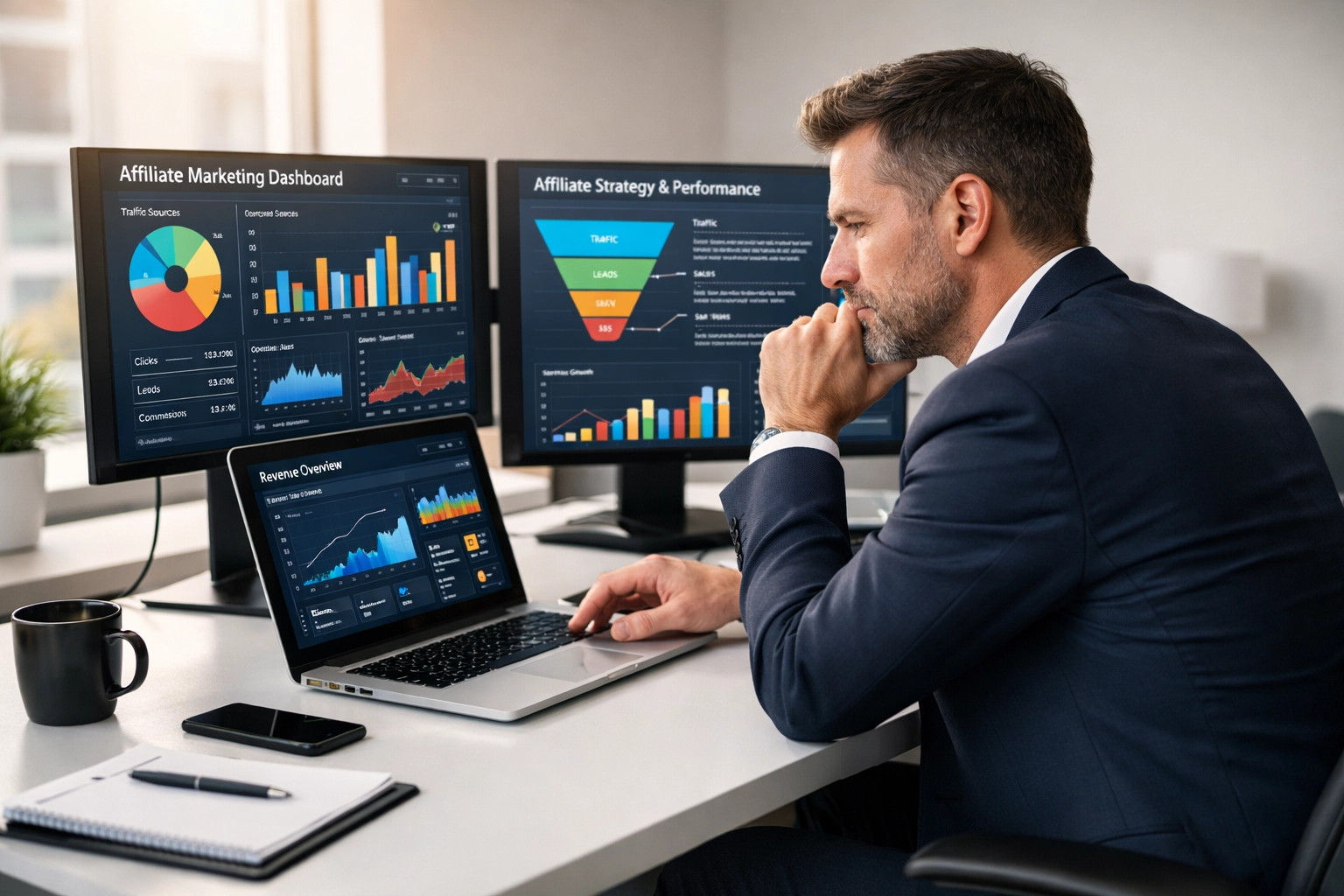 Ondernemer analyseert affiliate marketingstrategie met data en analytics