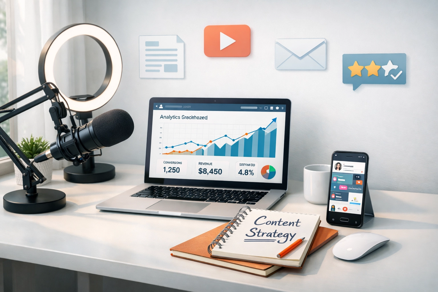 Professionele werkplek voor het maken van affiliate marketing content met laptop, microfoon en analytics dashboard