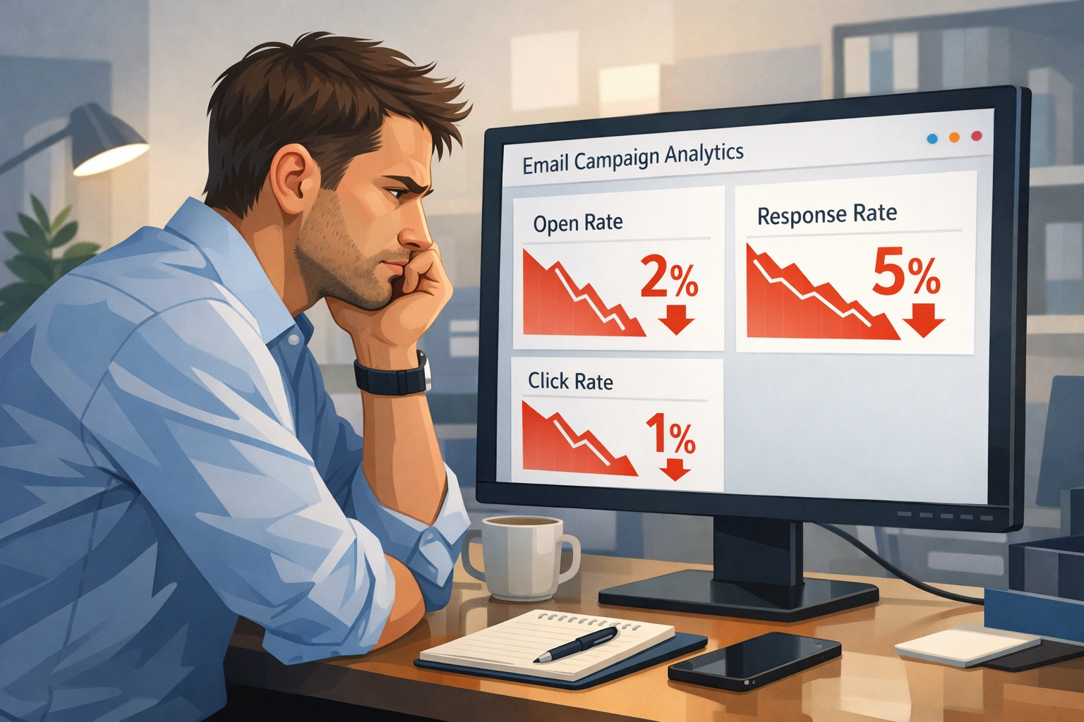 Gefrustreerde marketeer analyseert dalende responspercentages van koude e-mails