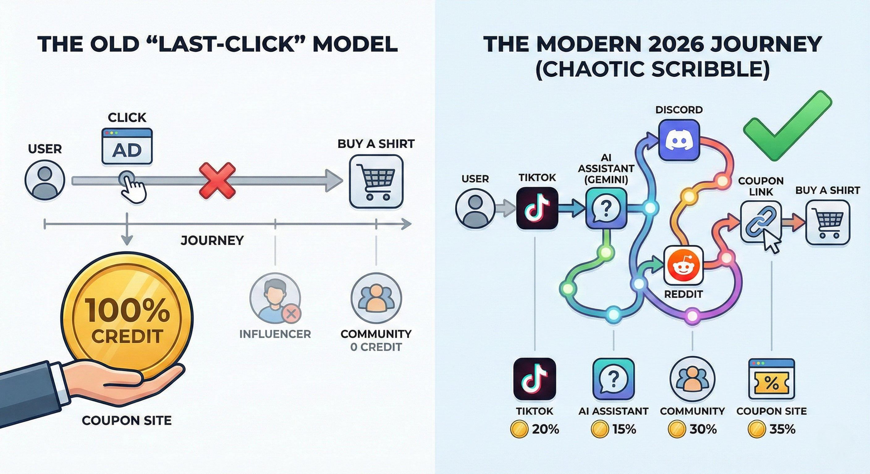 Klantreis die last-click attributiemodel toont dat 100% krediet geeft aan de laatste couponlink terwijl TikTok creator, AI-assistent en Discord community bijdragen worden genegeerd