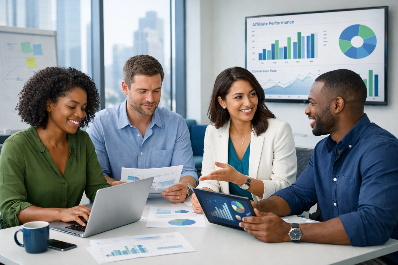 Divers team van affiliate marketeers werkt samen op modern kantoor