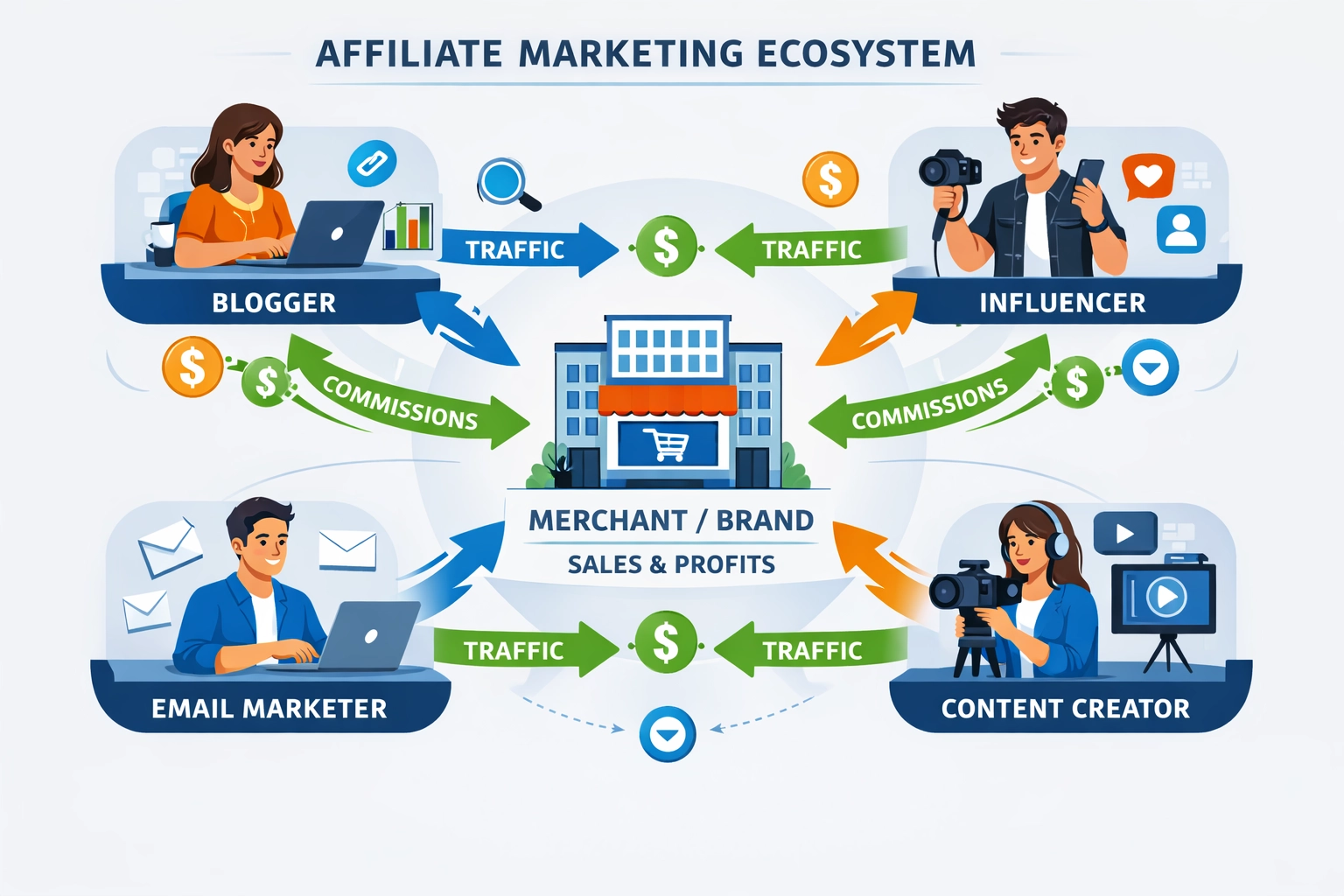 Affiliate marketing ecosysteem met merchants, affiliates en commissieflow