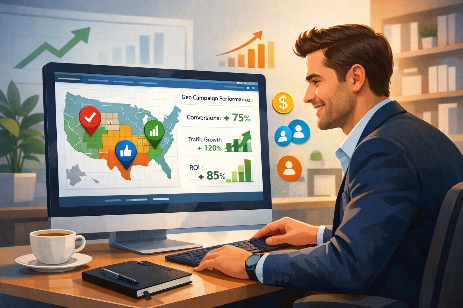 Kleine ondernemer analyseert geotargeting-campagne met analytics dashboard en successtatistieken