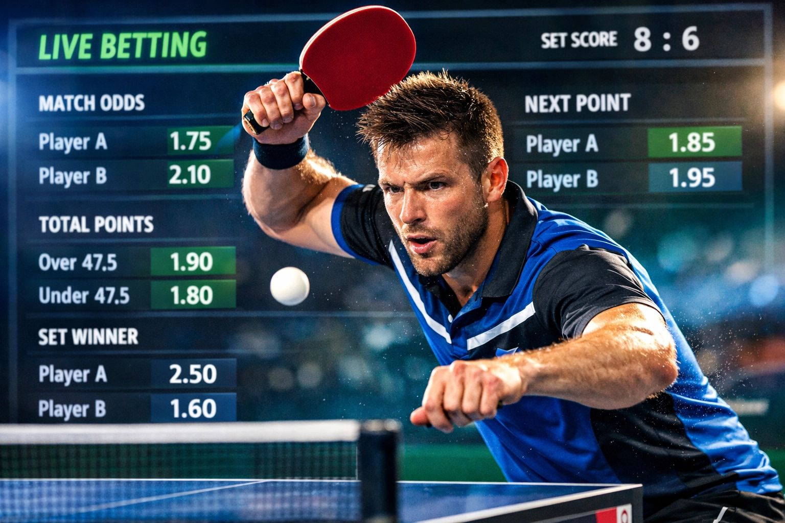 Professionele tafeltennisspeler in een intense rally met wedinterface overlay