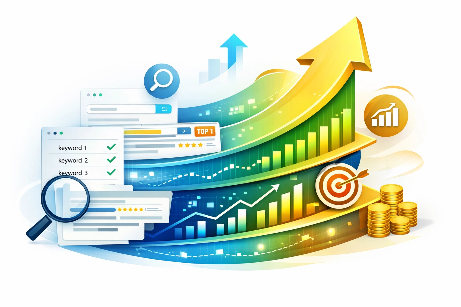 Abstracte visualisatie van zakelijk succes en groei dankzij zoekwoordonderzoek met opwaartse pijl en analytics iconen