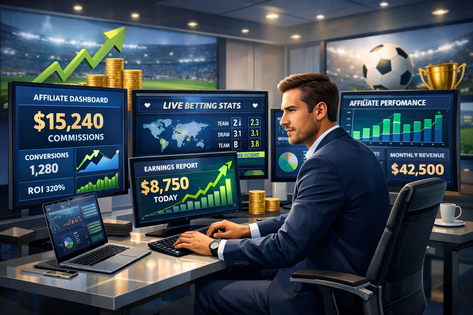 Succesvolle affiliatemarketeer aan bureau met analytics dashboard voor voetbalweddenschappen